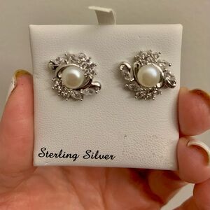 GENUINE PEARL And CREATE WHITE SAPPHIRE EARRING .925 STERLING SILVER -New